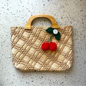 VINTAGE “Raffia Wooden Handle Purse with Cherry Detailing”